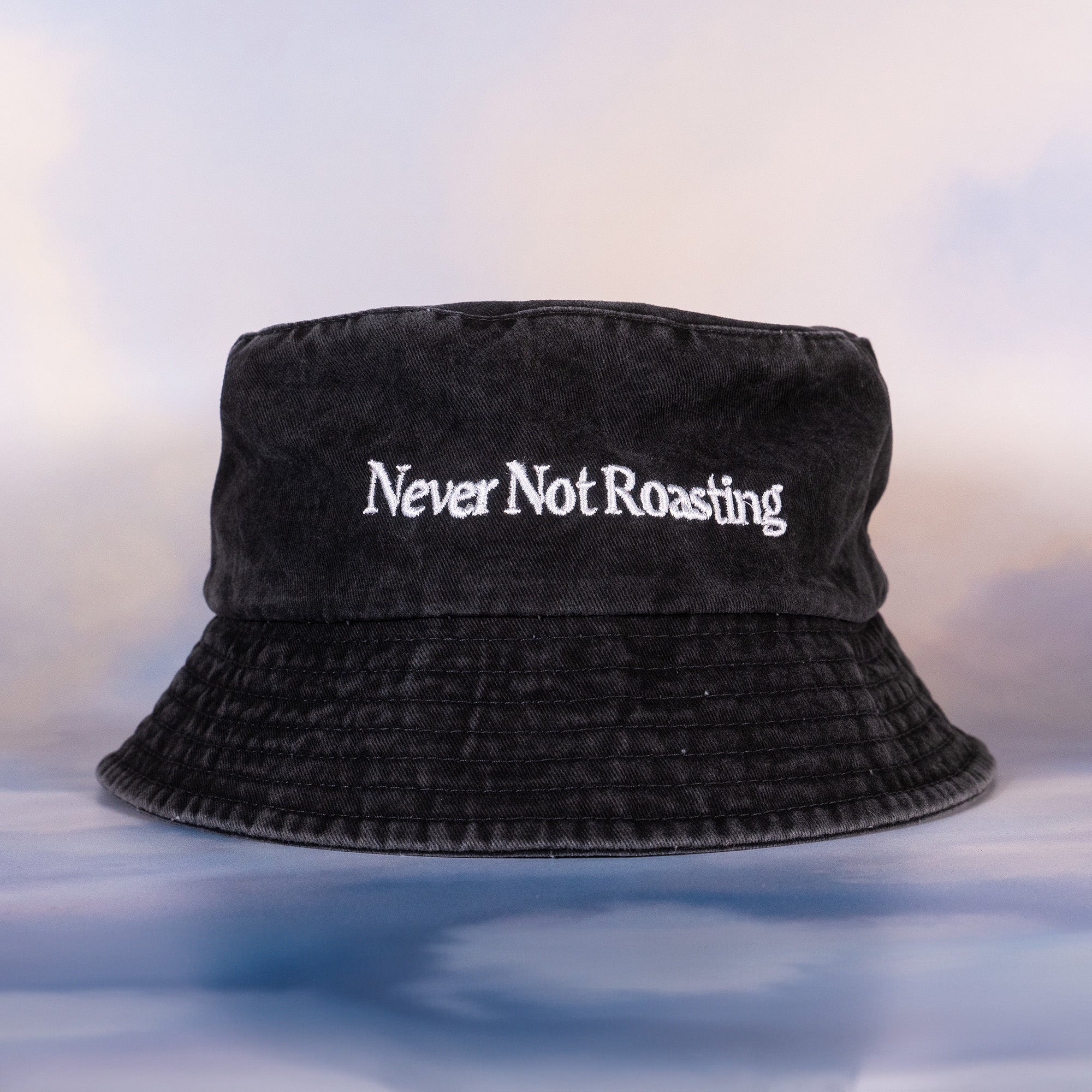 'Never Not Roasting' Washed Black Embroidered Bucket Hat