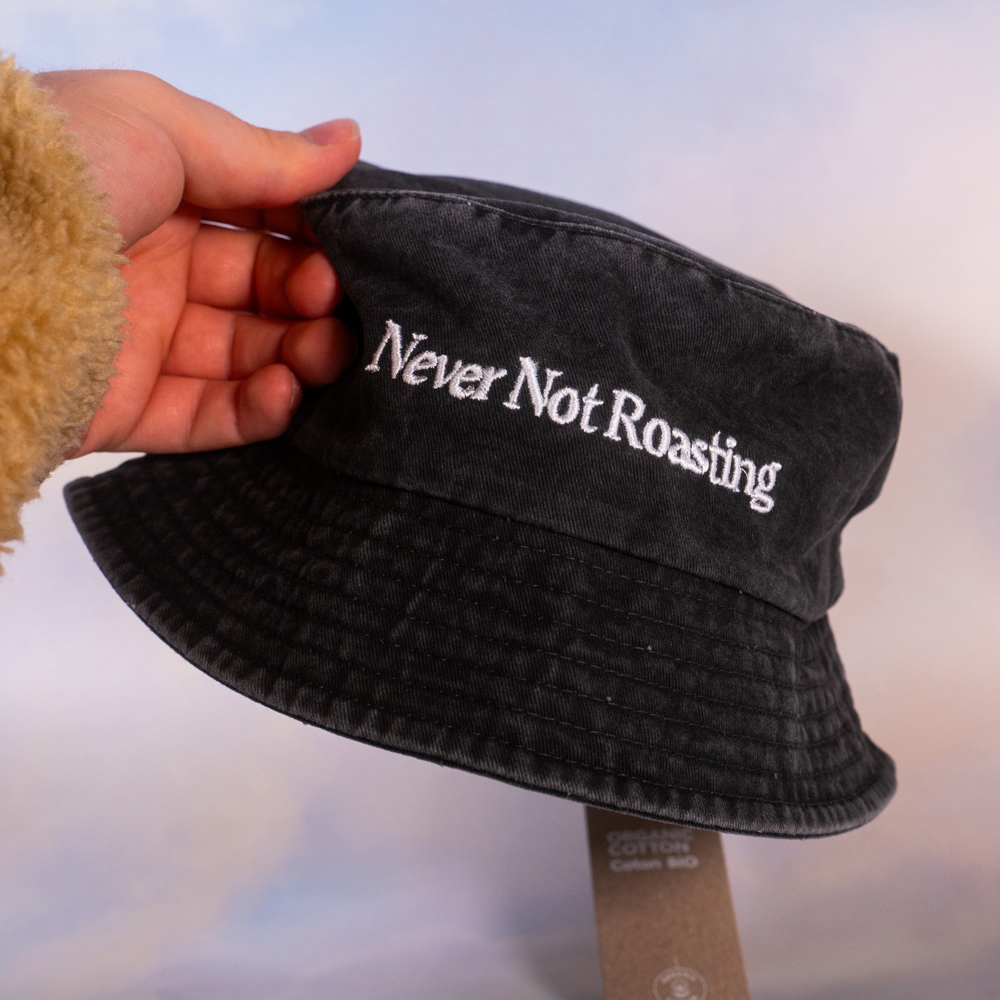 'Never Not Roasting' Washed Black Embroidered Bucket Hat